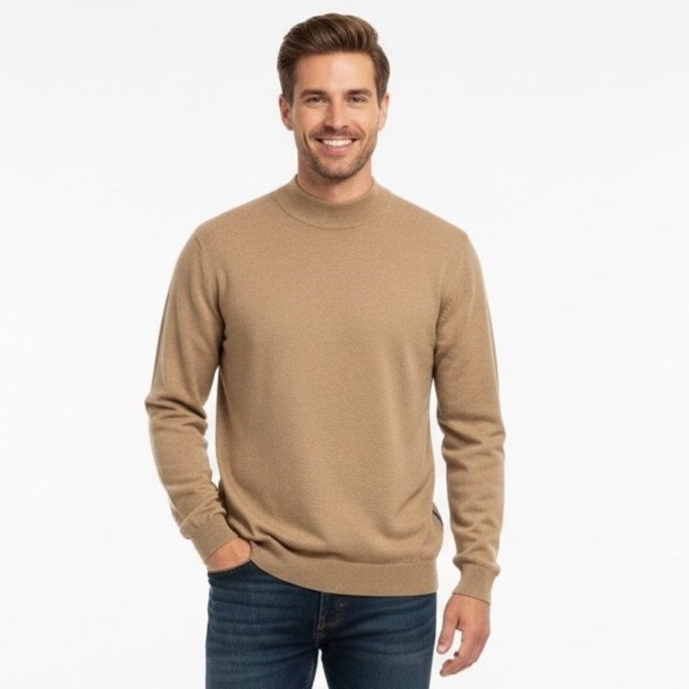 Jos. A Bank 100% Silk Mock Neck Sweater Men Large‎ Tan Brown Long Sleeves Work